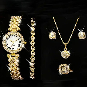 Fashion Luxury Full Crystal 5 Pcs Watch Necklace Earrings Ring Set for Women