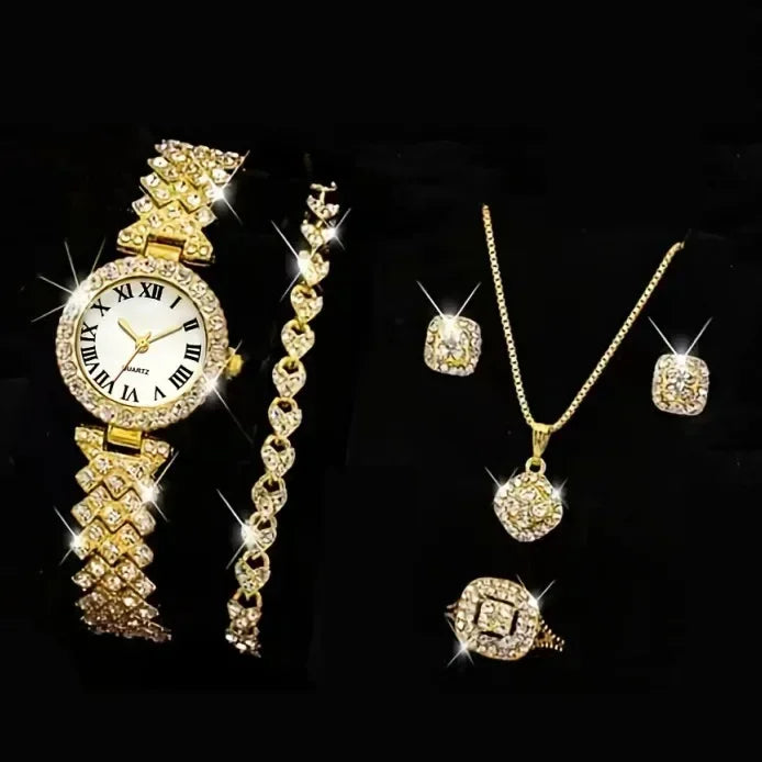 Fashion Luxury Full Crystal 5 Pcs Watch Necklace Earrings Ring Set for Women